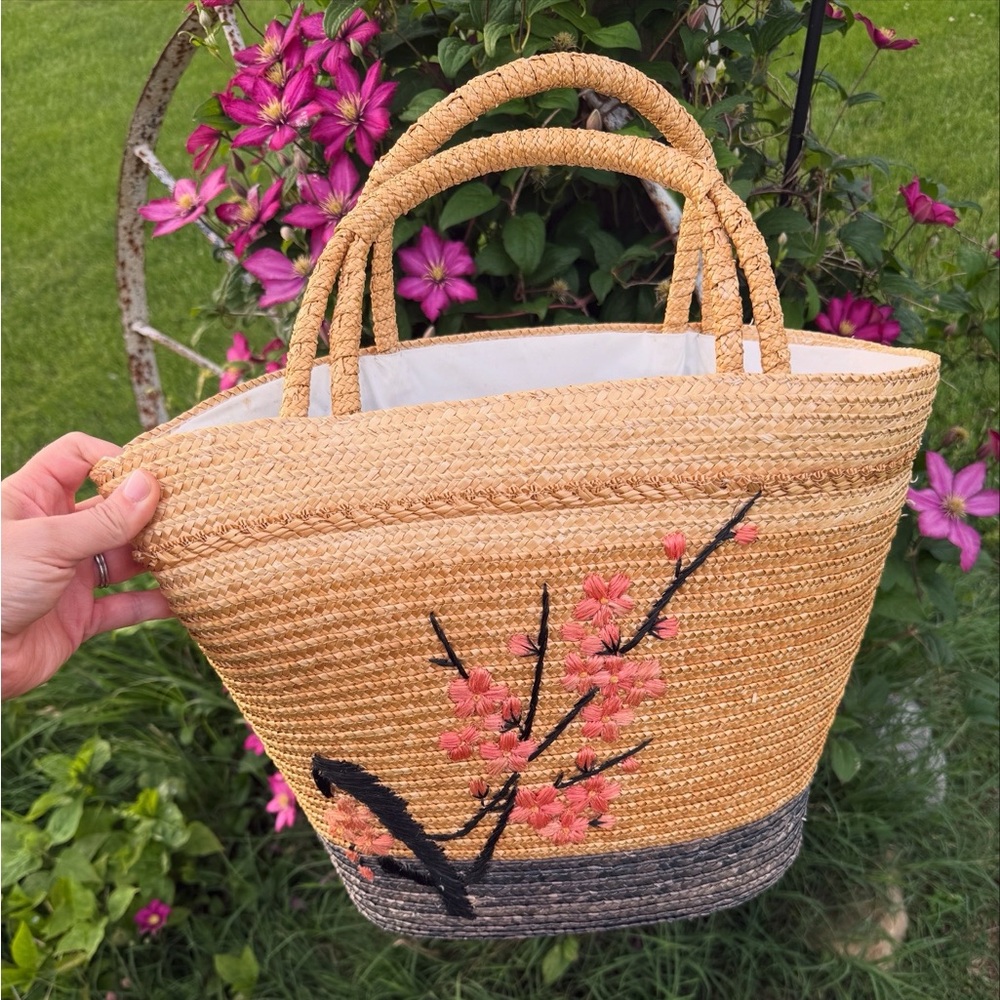 Floral Straw Tote Bag - Tan and Black